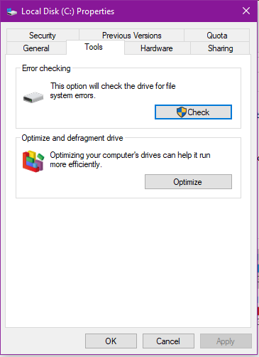 Chkdsk button for Windows detected a hard disk problem