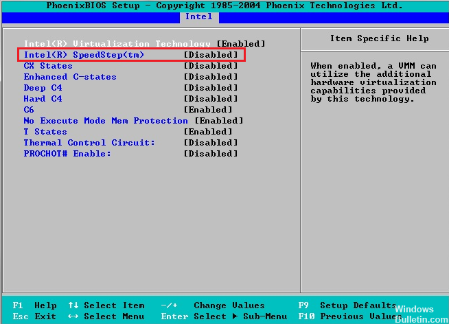 Disable Intel SpeedStep in BIOS