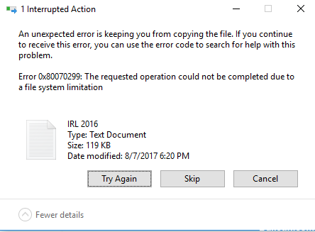 0X80070299 error