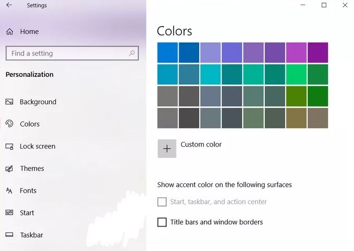 What is the reason for the "Can't change taskbar color" message in Windows 10