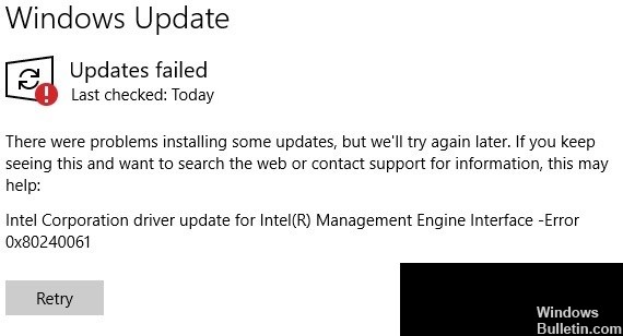 error 0x80240061 when installing the Intel Management Engine Interface driver